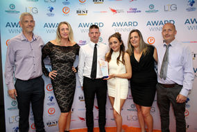 Social Buzz Media Management team celebrating Social Media Marketing Agency of the Year 2025/26 Wales win at the Prestige Awards, Aston Gate Stadium Bristol.