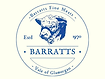 Barratts Fine Meats logo – navy blue circular badge on cream background, "Barratts Fine Meats, Estd 1970, Vale of Glamorgan," featuring a hand-drawn illustration of a cow's head, traditional family butcher branding.