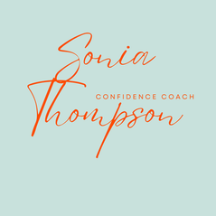 Minimalist personal brand logo featuring the name “Sonia Thompson” in a bold, handwritten-style script in vivid orange, set against a soft light turquoise background. The words “Confidence Coach” appear in clean, spaced uppercase lettering beneath, creating a modern, elegant, and empowering visual identity.