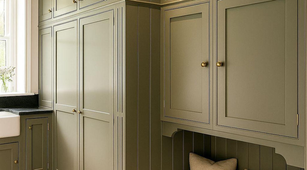Olive green utility room with shaker cabinetry, farmhouse sink, and built-in cushioned seating – by Christopher Johnson Kitchens.