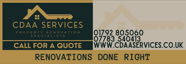 CDAA Services property renovation banner design featuring logo with house and key, contact phone numbers, website www.cdaaservices.co.uk, call-to-action “Call for a quote,” and slogan “Renovations Done Right,” promoting home improvement services, building renovations, and professional property refurbishment solutions.