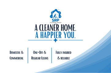 SRP Cleaning Group promotional graphic featuring the slogan “A Cleaner Home. A Happier You.” The design highlights domestic and commercial cleaning, one-off and regular cleans, and fully insured, reliable services. Blue and white branding with the SRP Cleaning Group logo and decorative curved blue accents.