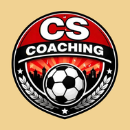 CS Coaching logo featuring a football at the centre with bold red, black and white shield-style branding, representing a football coaching business.