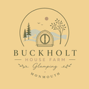 Buckholt House Farm Glamping logo featuring a countryside scene with a luxury glamping pod, trees, rolling hills and a sun, alongside the business name and “Monmouth” in elegant natural-toned typography.