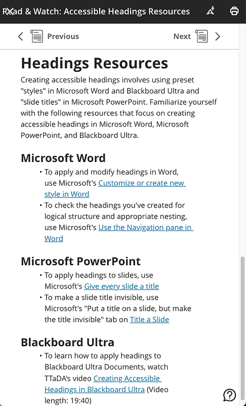 screenshot of module resources, including those for microsoft word, microsoft powerpoint, and blackboard ultra