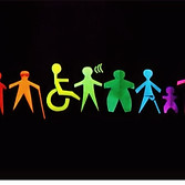 Rainbow graphic of icons of figures with canes, in wheelchairs, and different body types