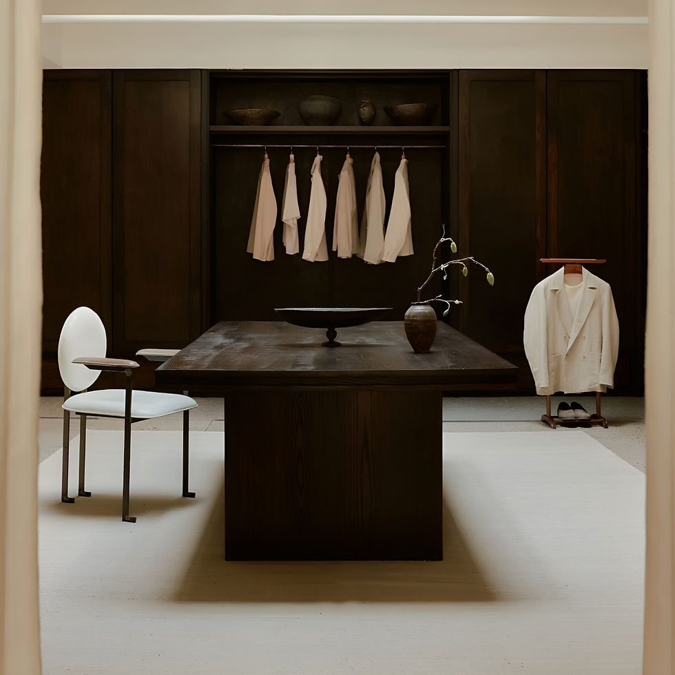 A minimal room with clothes hanging neatly along the back and a desk and chair in the middle of the room.