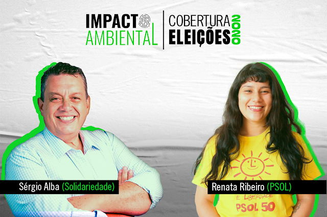 A imagem mostra o candidato Sérgio Alba do Solidariedade à esquerda e à direita está a candidata Renata Ribeiro do PSOL. Alba é caucasiano, está sorrindo, possui cabelo castanho com entradas brancas e tem olhos castanhos. Ele veste uma camisa azul clara xadrez. Renata é caucasiana, tem cabelos longos castanhos ondulados e com franja na testa, tem olhos também castanhos e está sorrindo. Ela veste uma camiseta amarela desenhado um solzinho e escrito PSOL 50.