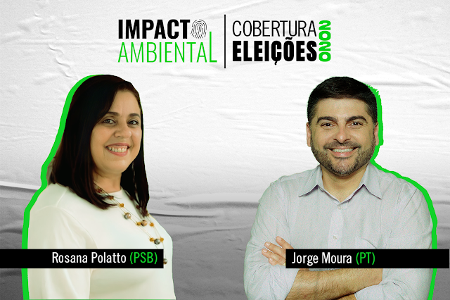 A imagem mostra os candidatos Rosana Polatto e Jorge Moura. Rosana está à esquerda, ela é caucasiana, tem olhos e cabelos castanhos, ela veste uma blusa de manga longa branca, sem decote. Ela usa um colar de bolinhas que vai até para baixo do peito. As cores das bolinhas são prata e âmbar. Rosana está sorrindo e está em uma posição lateral. Jorge está à direita, ele é caucasiano, tem olhos e cabelos castanhos. Ele sorri e está com os braços cruzados. Ele veste uma camisa azul claro lisa.