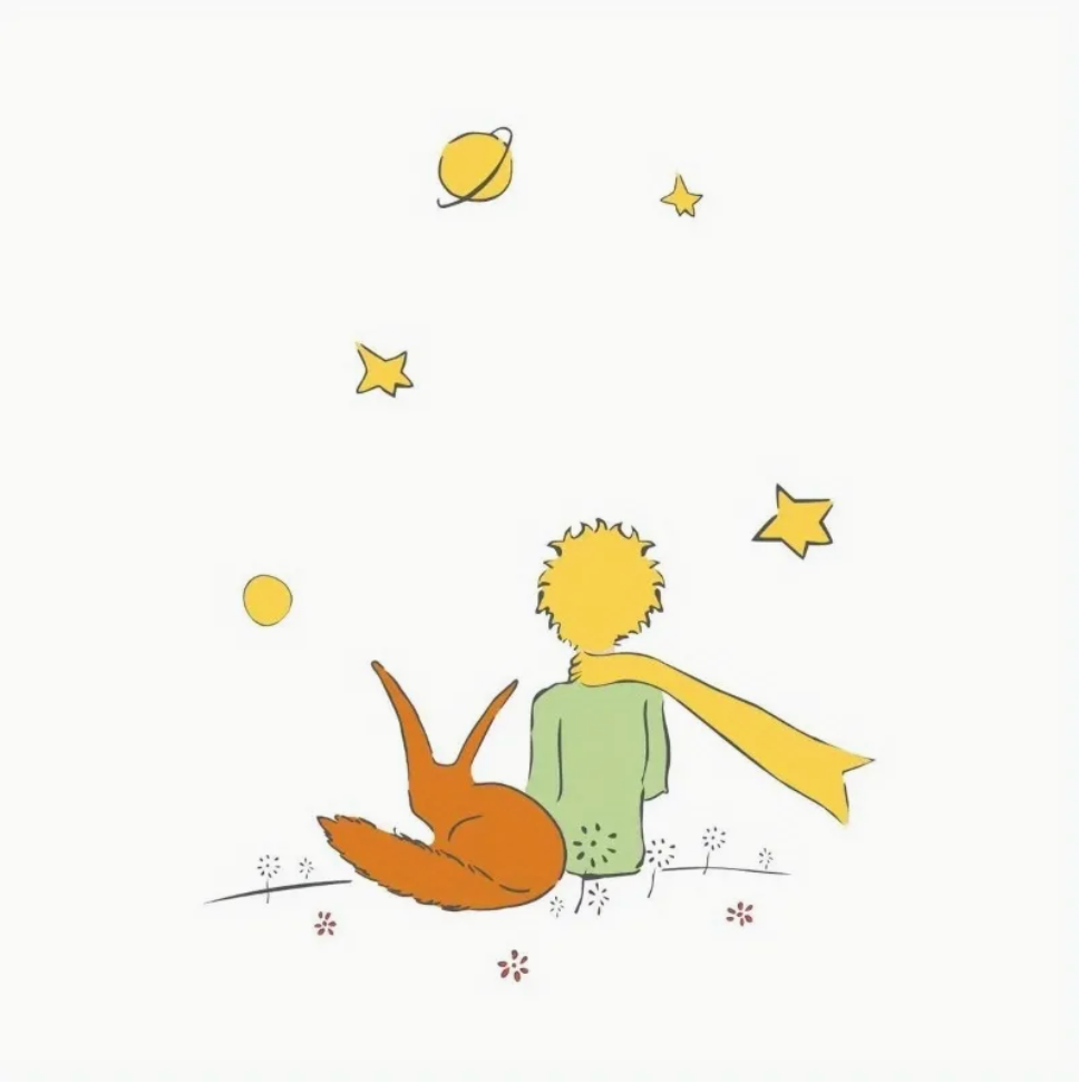 Imagen de El Principito sentado con el zorro mirando las estrellas