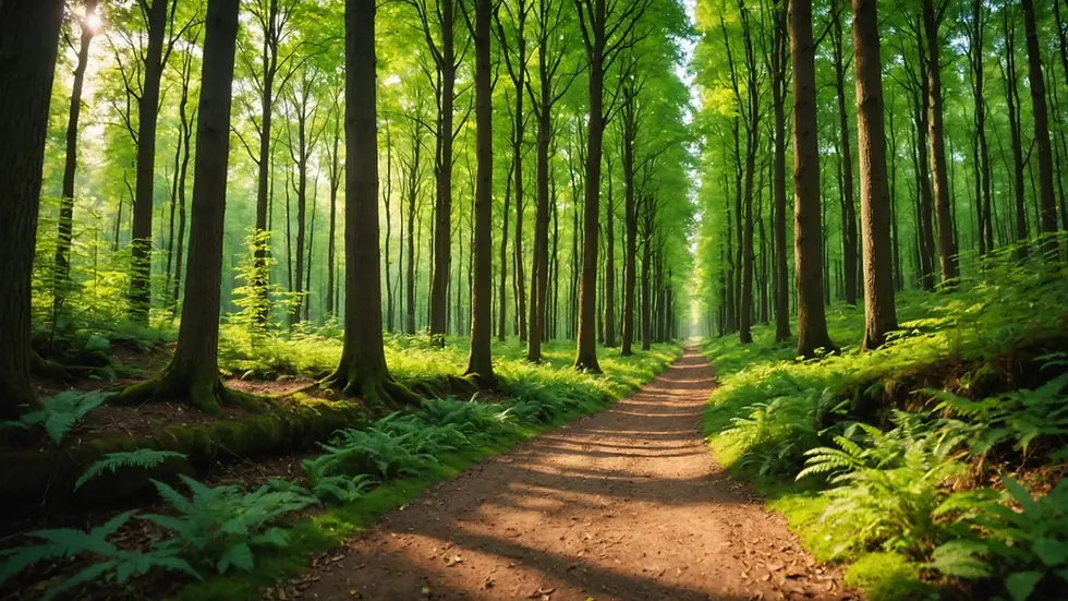 Wide angle view of a serene forest path