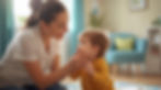 A warm, natural photo of a behavior therapist engaging with a child in a bright, welcoming