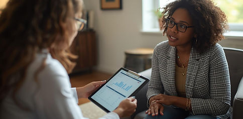Realistic photo of a clinician reviewing assessment results with a parent, tablet or clipboard visible, warm natural lighting, calm professional office setting, diverse representation..jpg