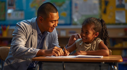 Therapist kneeling beside a child at a school desk, guiding them through an academic task,