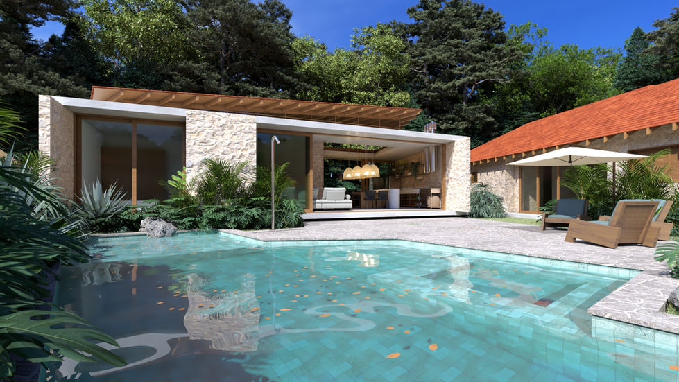 Fachada de residência em Riviera de São Lourenço com piscina ampla, paisagismo tropical, pedra madeira, caixilhos de madeira