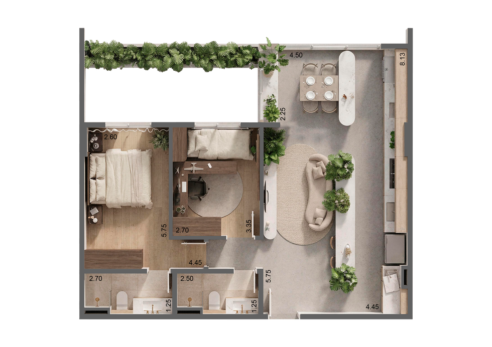 Planta humanizada facilita o entendimento dos fluxos, acessos e disposição geral dos ambientes