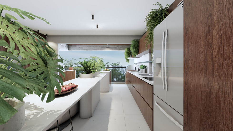Cozinha planejada de apartamento compacto com ilha central, armários em lâmina natural de madeira, bancada branca em Dekton, geladeira embutida e integração com a sala.