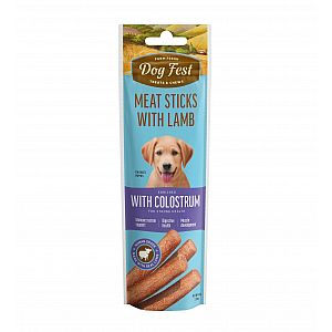 Мясные колбаски Dog Fest Lamb Stick с молозивом, лакомства для щенков 45г - вид упаковки спереди.