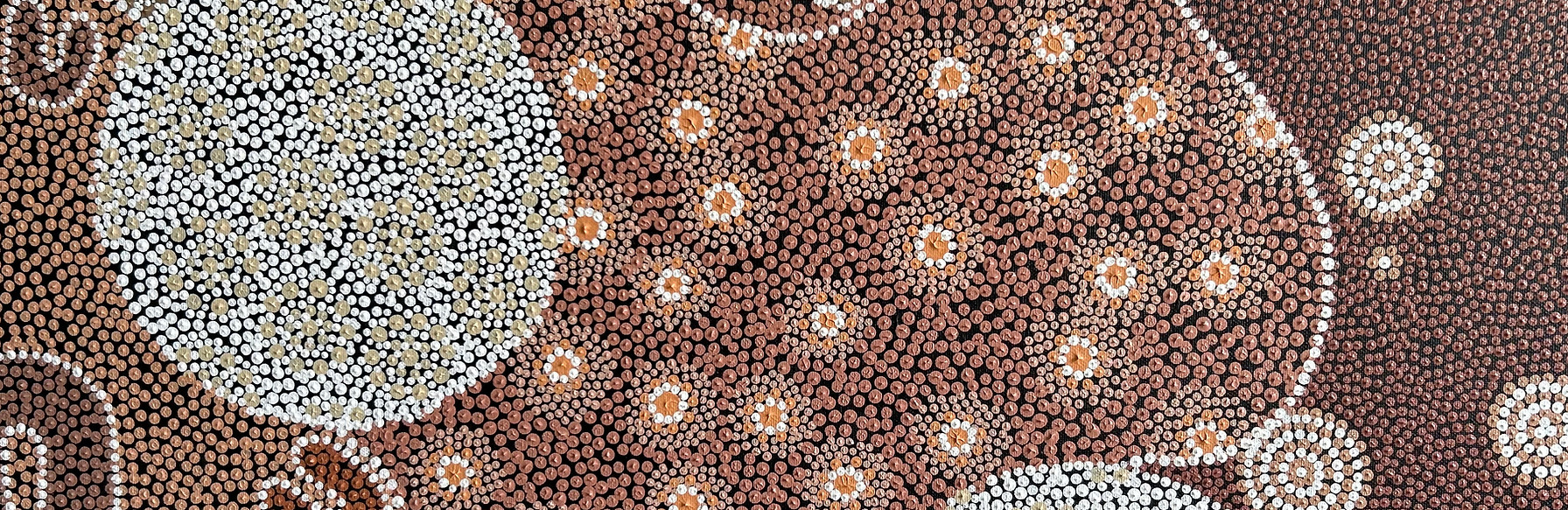 A stunning piece of Aboriginal dot art featuring earthy tones, interconnected pathways, and circular motifs symbolising connection to land and community. Perfect for evoking cultural depth and harmony.