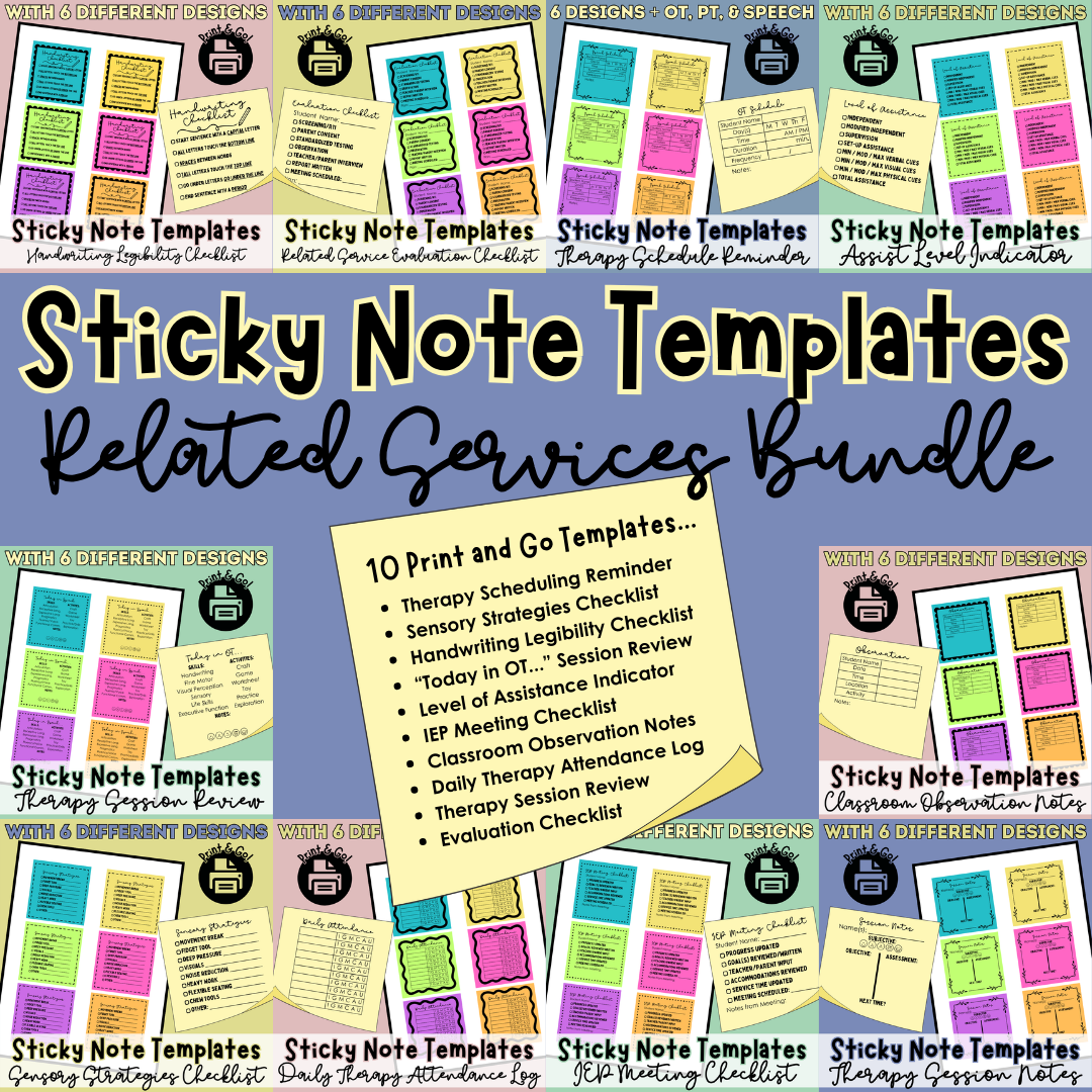 Related Services Sticky Note Templates BUNDLE Occupational Speech Therapy OT