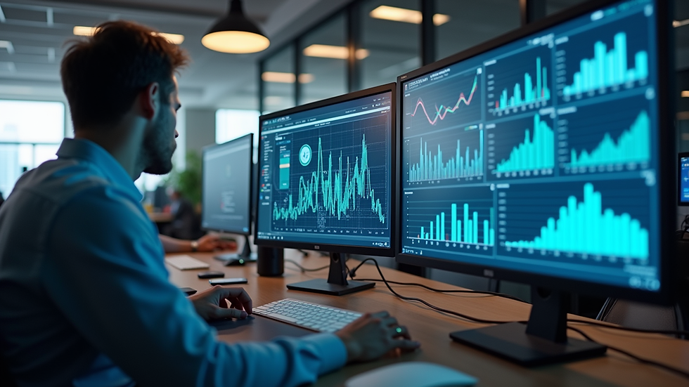 Eye-level view of a modern office workspace with multiple computer screens showing data analytics