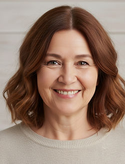 Freundliche Frau, neutrales Oberteil ohne Logo, Portraitaufnahme.