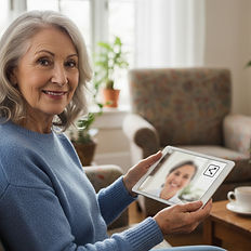 Seniorin mit Tablet, Fernhilfe per Bildschirmfreigabe.