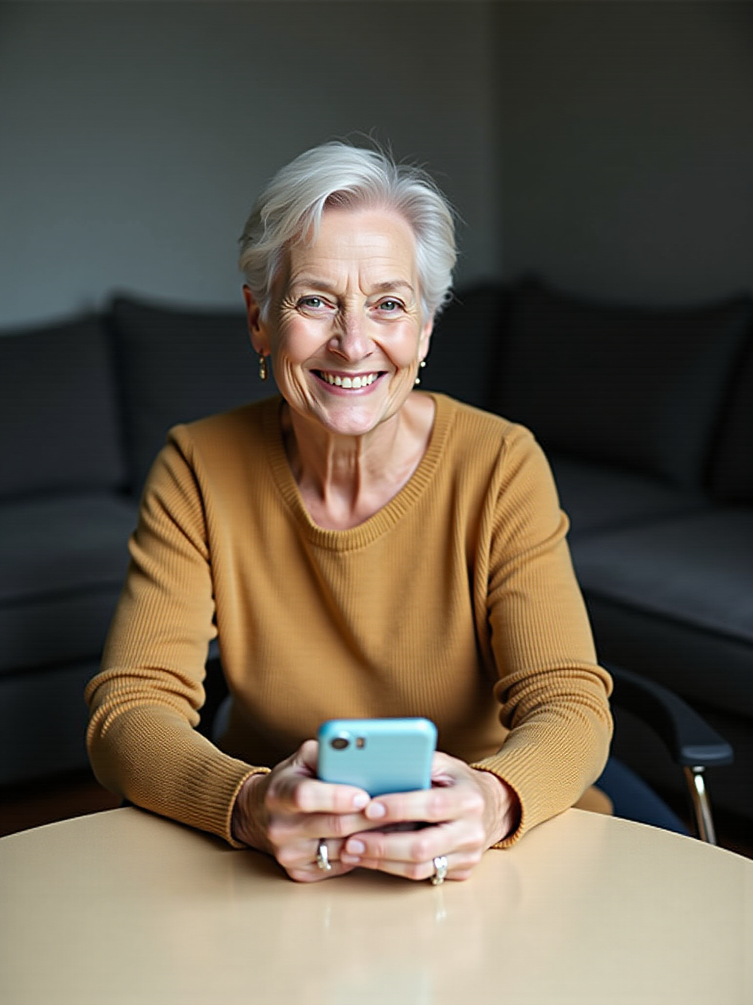 Lächelnde ältere Frau hält ein blaues Smartphone mit braunem Pullover.
