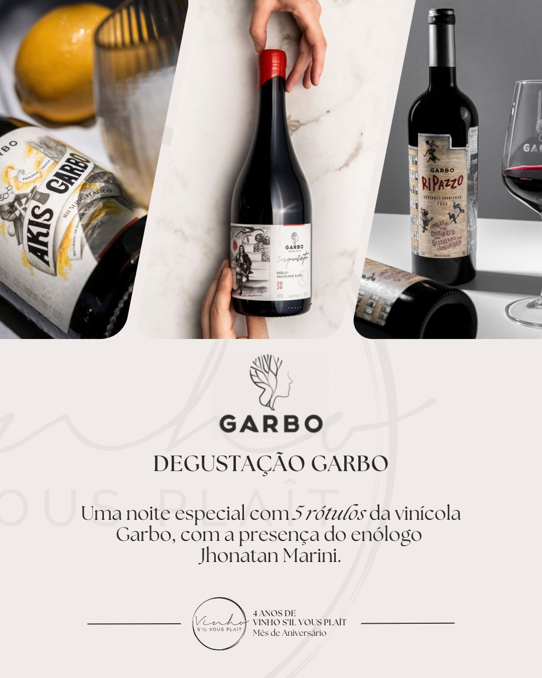 Degustação Harmonizada GARBO - Com o Enólogo Jhonatan Marini