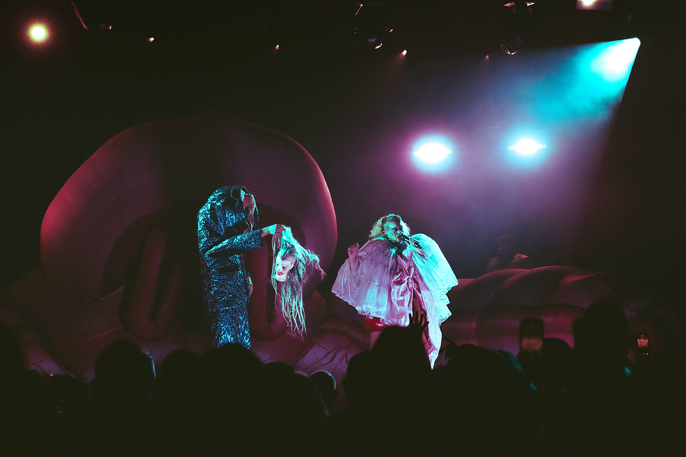 Two glittering performers sing on a dark stage under pink and blue lights, with audience silhouettes in front.