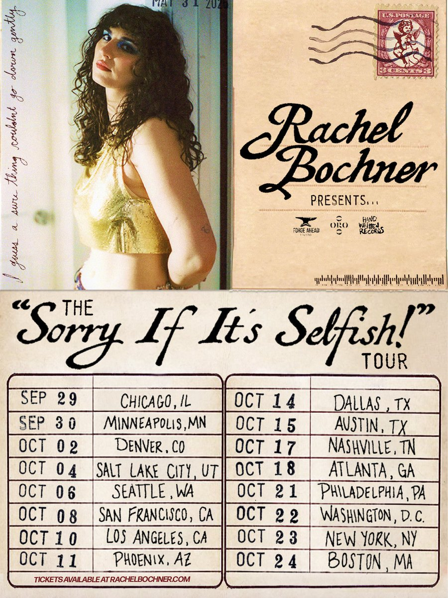 Poster of Rachel Bochner beside a retro tour ad for The Sorry If It’s Selfish!, with U.S. dates and a postage stamp.