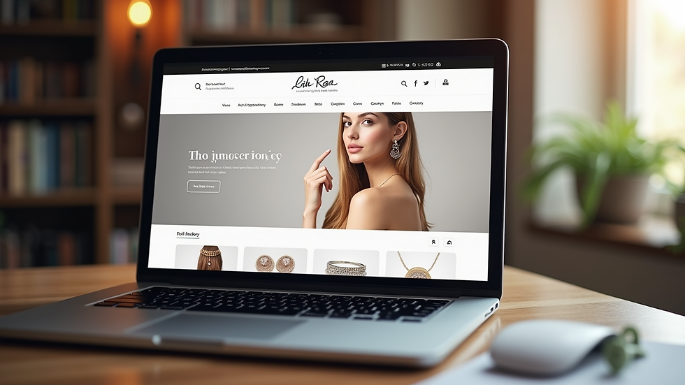 Eye-level view of a laptop screen showing an online jewelry store homepage