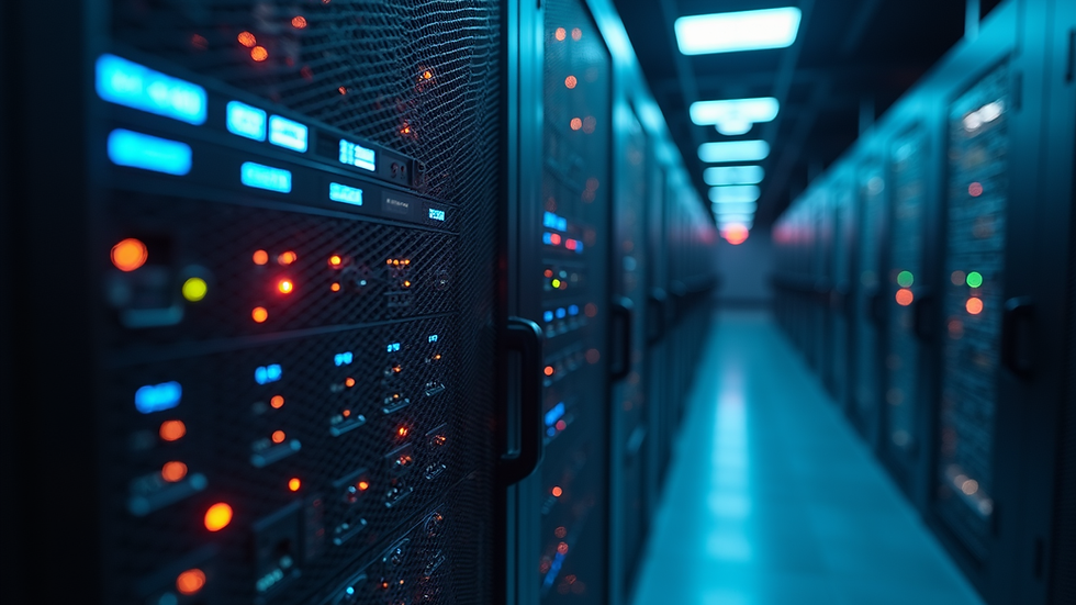 High angle view of a secure server rack with blinking lights