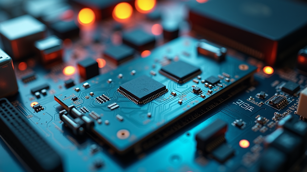 Close-up of a blue circuit board with microchips and glowing orange lights, creating a sleek high-tech look.