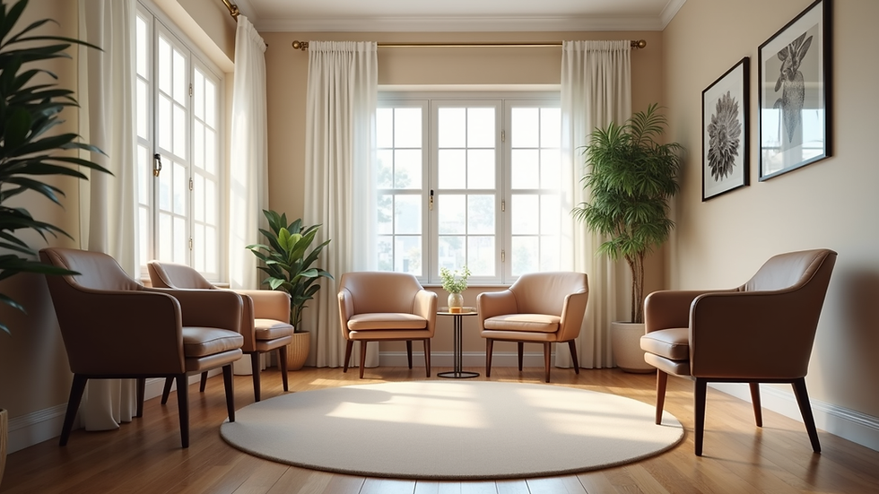 Eye-level view of a cozy consultation room with chairs arranged in a circle