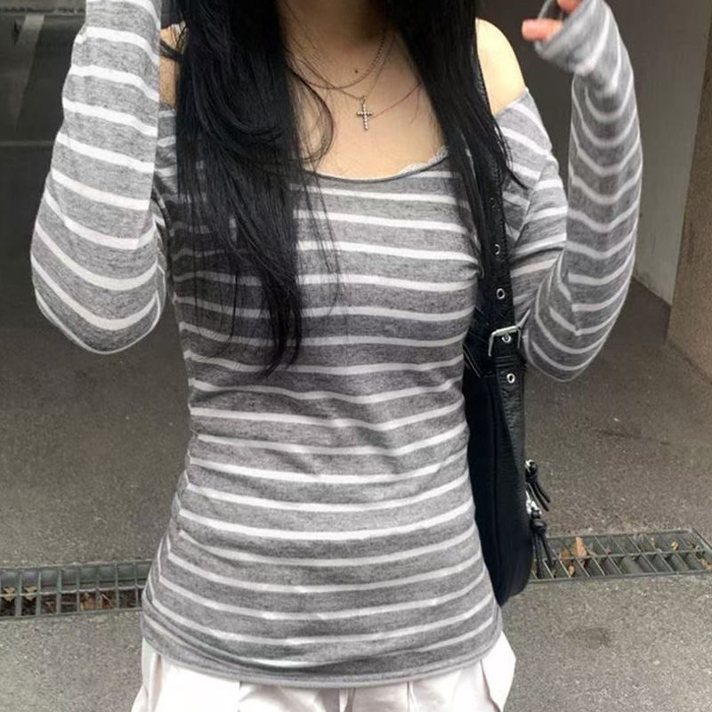 Thumbnail: Spring Fall Women's New Japanese Basic Models Slim Long-Sleeved Striped t-Shirt 