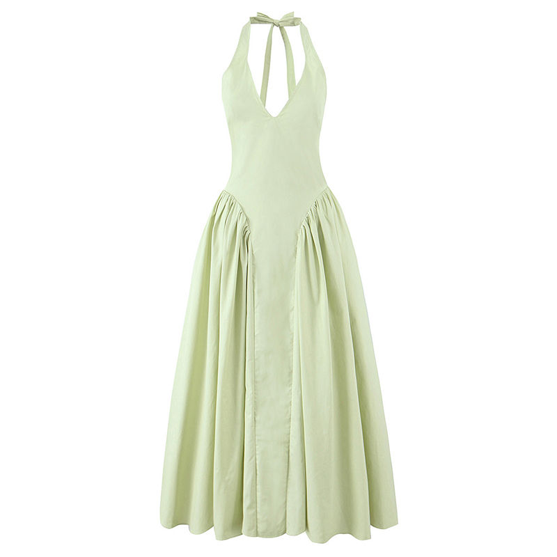 Thumbnail: YENKYE Sexy Backless Green Elegant Halter Dress For Women Low Waist A-line Midi 