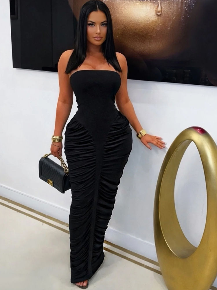 Thumbnail: Beyprern Elegant Orange Ruched Maxi Dress For Women Sexy Strapless Tube Top Body
