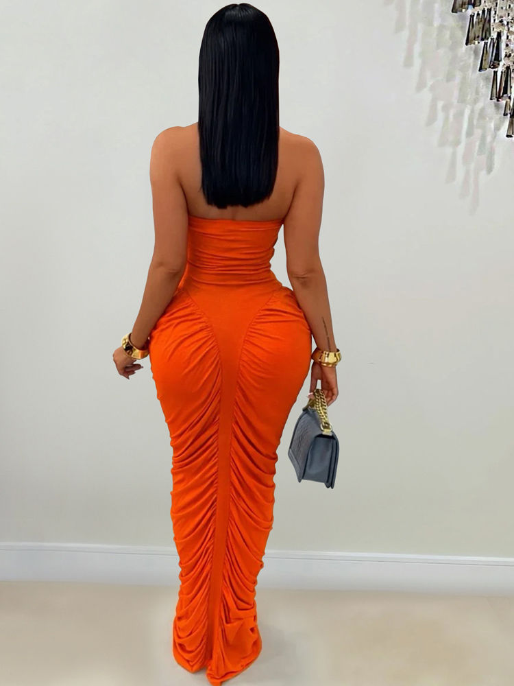 Thumbnail: Beyprern Elegant Orange Ruched Maxi Dress For Women Sexy Strapless Tube Top Body