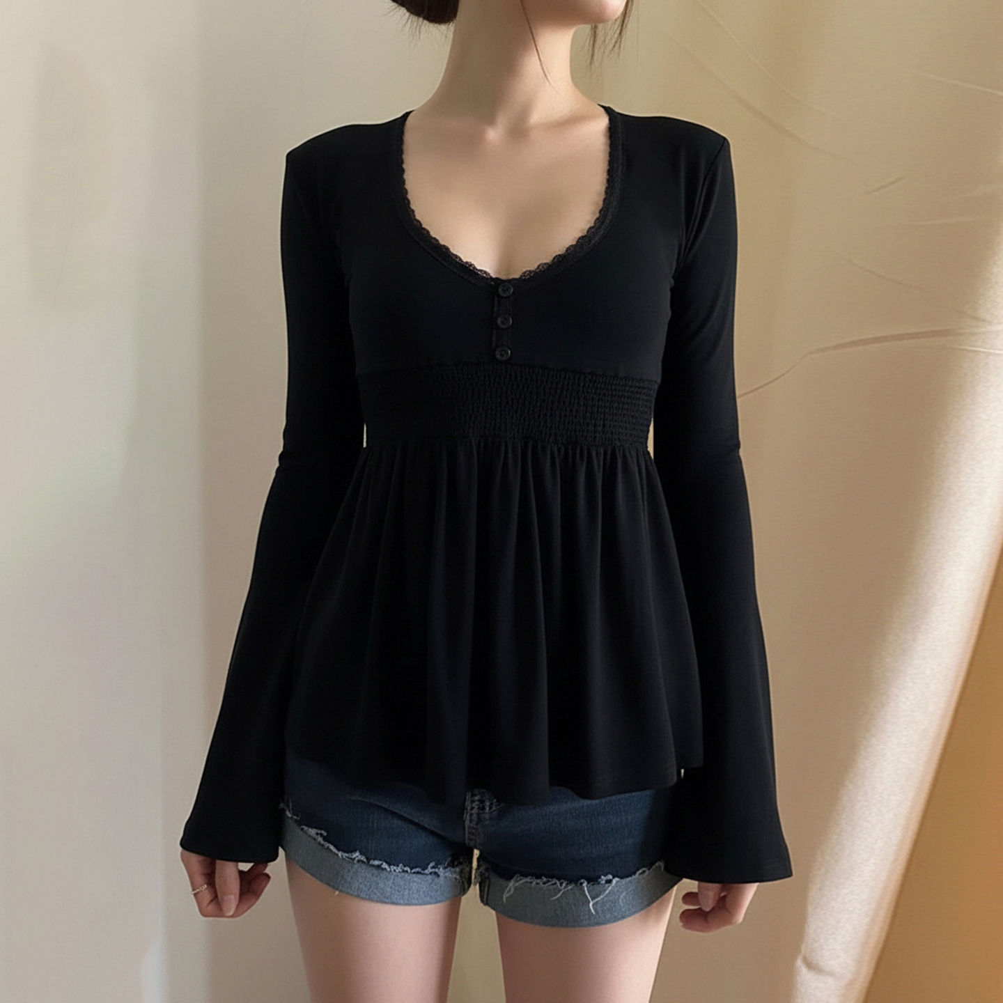 SUCHCUTE Women Solid Lace Trim Patchwork Button Flared Sleeves Shirt Casual V Ne