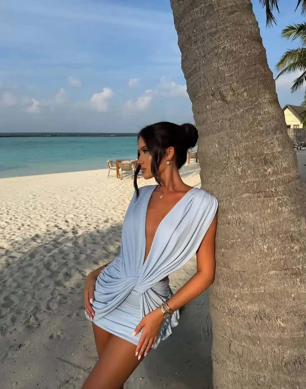 Thumbnail: Sexy Blue Hollow-out Pleated Mini Dress Women Deep V-neck Sleeveless Backless Bo