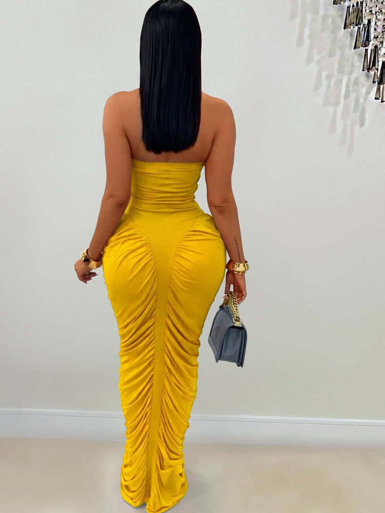 Thumbnail: Beyprern Elegant Orange Ruched Maxi Dress For Women Sexy Strapless Tube Top Body