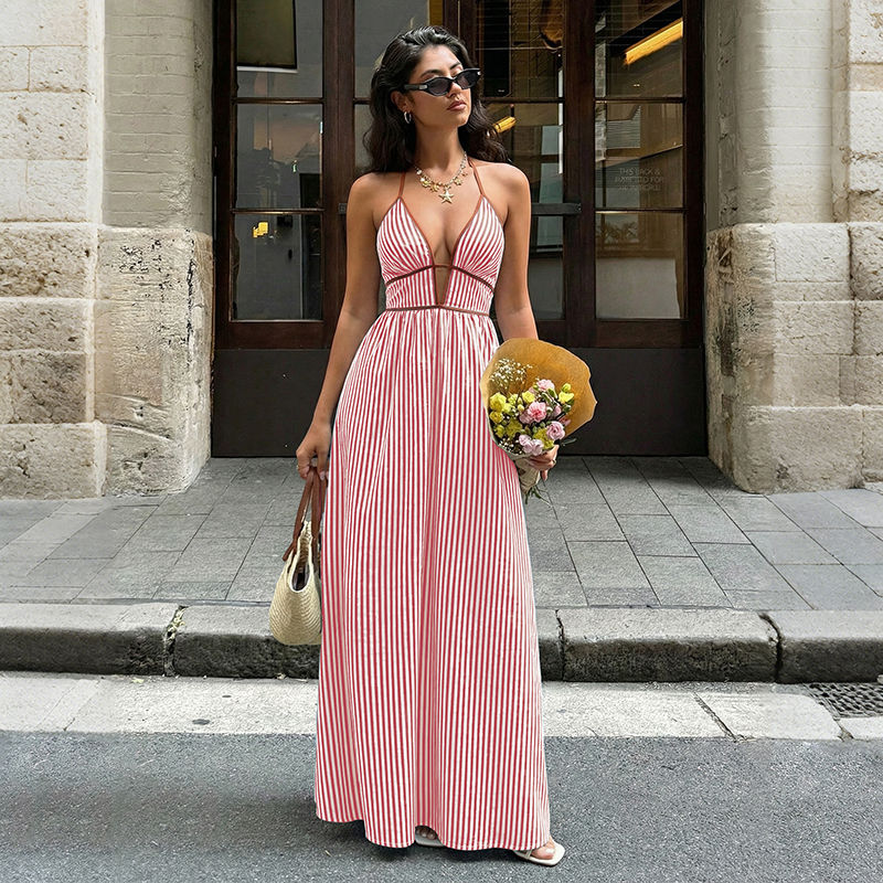 Thumbnail: 2026 Summer New Style Deep V-neck Striped Beach Dress, Sexy Backless Sleeveless 