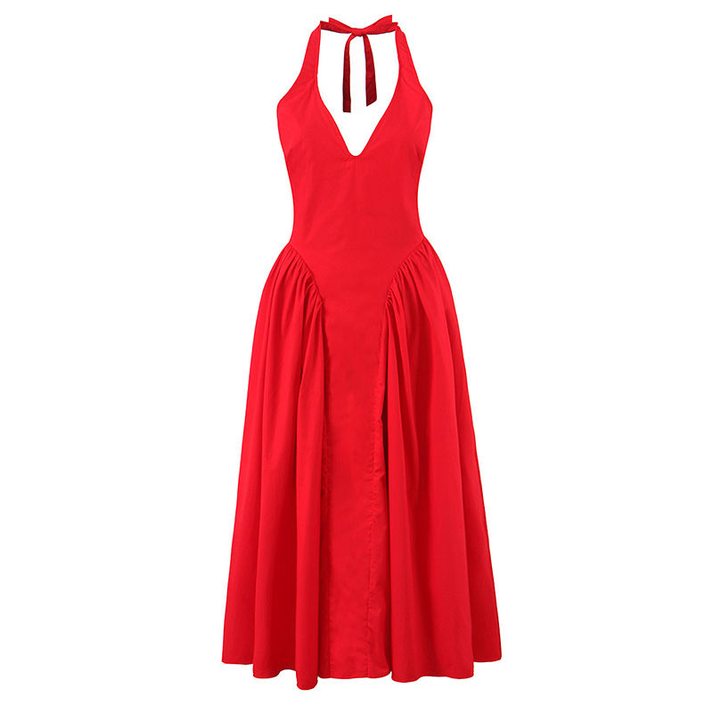 Thumbnail: YENKYE Sexy Backless Green Elegant Halter Dress For Women Low Waist A-line Midi 