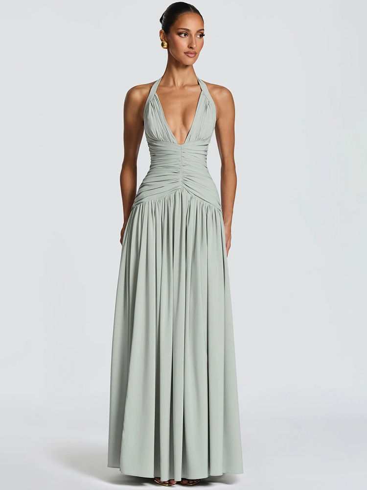 Thumbnail: Mozision Halter Deep V Neck Sexy Maxi Dress Women Elegant Off-shoulder Sleeveles