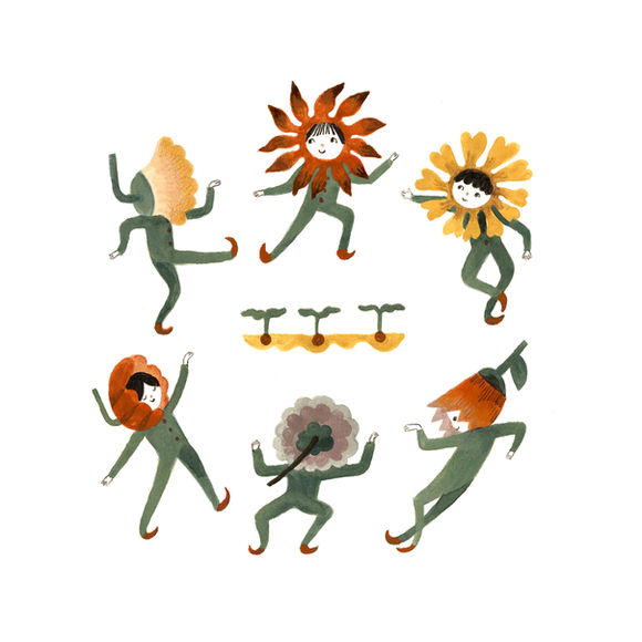 Whimsical illustration of seed sprites dancing around some plant sprouts, conjuring them to grow.
