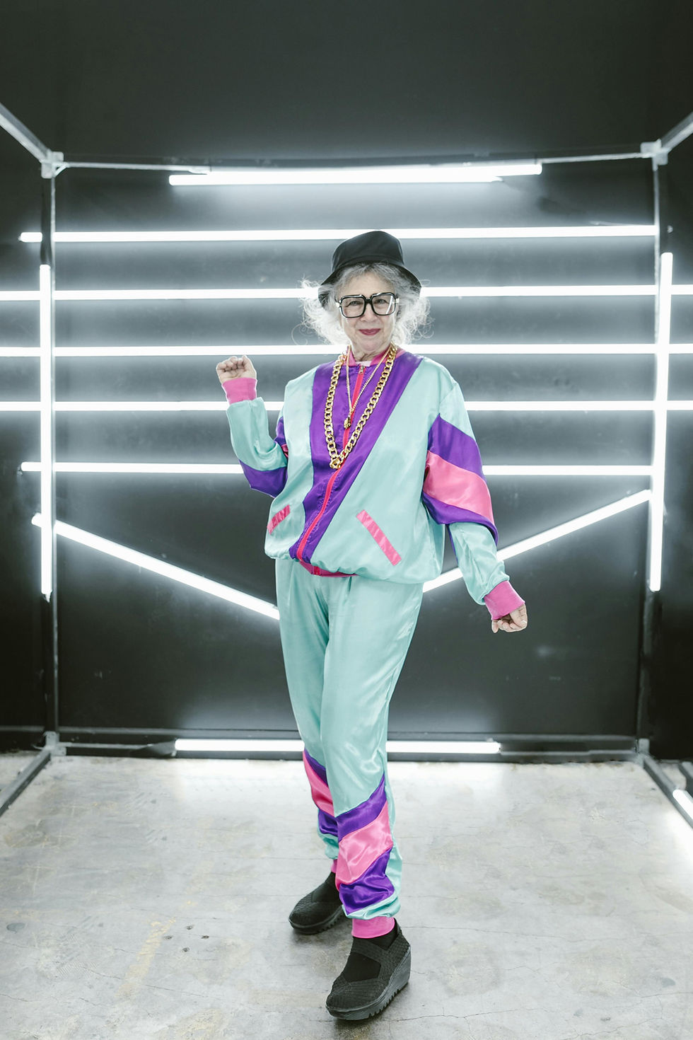 Old woman. inretro suit looking young