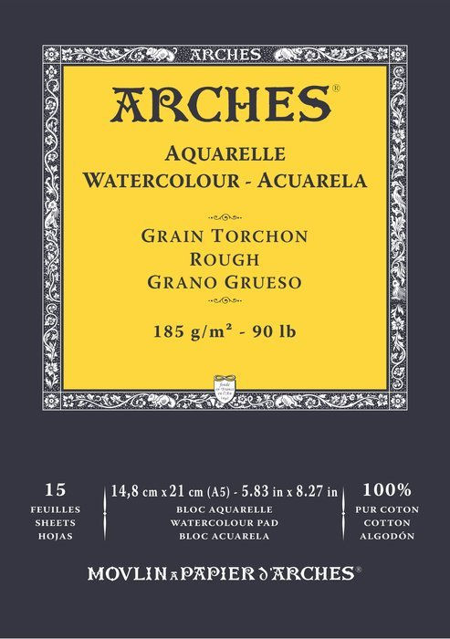 Bloc Arches Encolado Acuarela A5 185g 15H Grueso Blanco