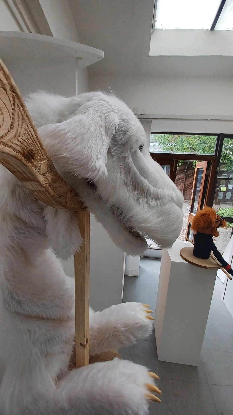a side profile of Falkor sitting with his head on a wooden head rest