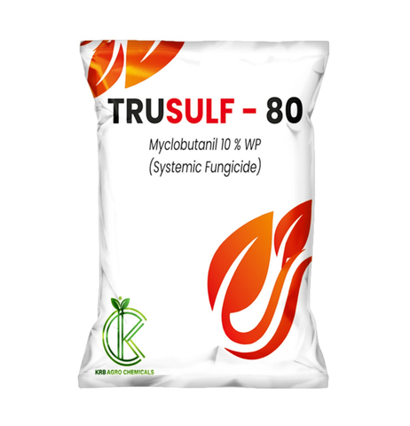 TRUSULF-80 product packaging showing Myclobutanil 10% WP systemic fungicide effective against powdery mildew and rusts in various crops